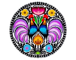 Tradycyjna wycinanka łowicka z wzorem ludowym - kolorowe koguty