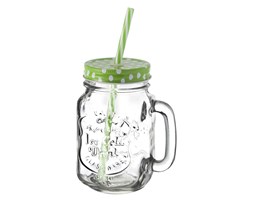 Słoik z uchwytem i słomką 425ml zielony, kropki