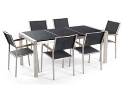 Stół granitowy czarny polerowany 180 cm z 6 czarnymi krzesłami - GROSSETO