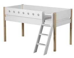 Łóżko MDF średniowysokie z pochyłą drabinką, biały/brzoza/biała