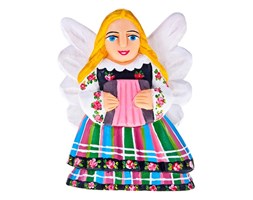 Drewniana rzeźba ludowa - aniołek w stroju łowickim z akordeonem - 16 cm