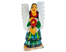 Rzeźba z drewna - rękodzieło - anioł w stroju łowickim z kwiatami - 25 cm