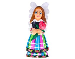 Rzeźba ludowa - anioł w stroju łowickim z kwiatkiem - 20 cm