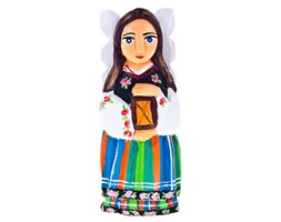 Aniołek ludowy w stroju łowickim z latarenką - drewniana rzeźba - 16 cm