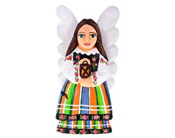 Anioł ludowy w stroju łowickim z lampą - rzeźby ludowe - 20 cm