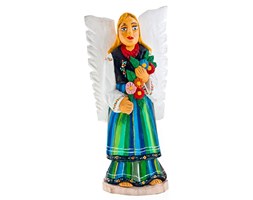 Rzeźba z drewna - rękodzieło - anioł w stroju ludowym z kwiatami - 33 cm