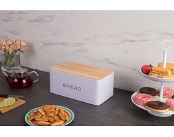 Metalowy chlebak BALTIK z drewnianą deską do krojenia, 2w1 - kolor biały