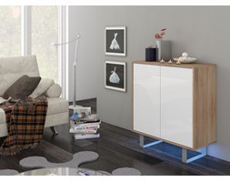 Komoda mała King (KIN-03) : Czas dostawy - 1-4 tygodnie, Kolor frontu - biały połysk, Kolor korpusu - dąb sonoma ciemna, Podświetlenie - oświetlenie LED